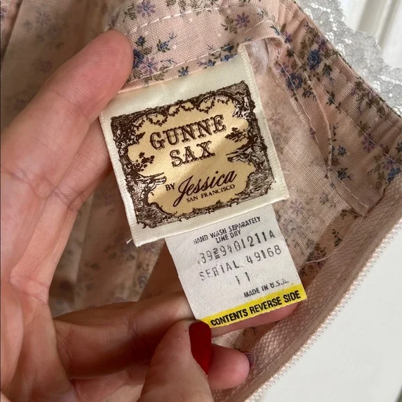 Vintage Gunne Sax lace up sweetheart pink ditzy floral midi dress ribbons & lace - Picture 8 of 10